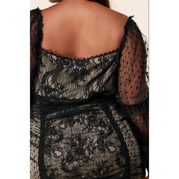 NWT L'atiste by Amy Black Nude Ruched Lace Mesh Long Sleeve Mini Dress- Size 1X - Picture 3 of 10